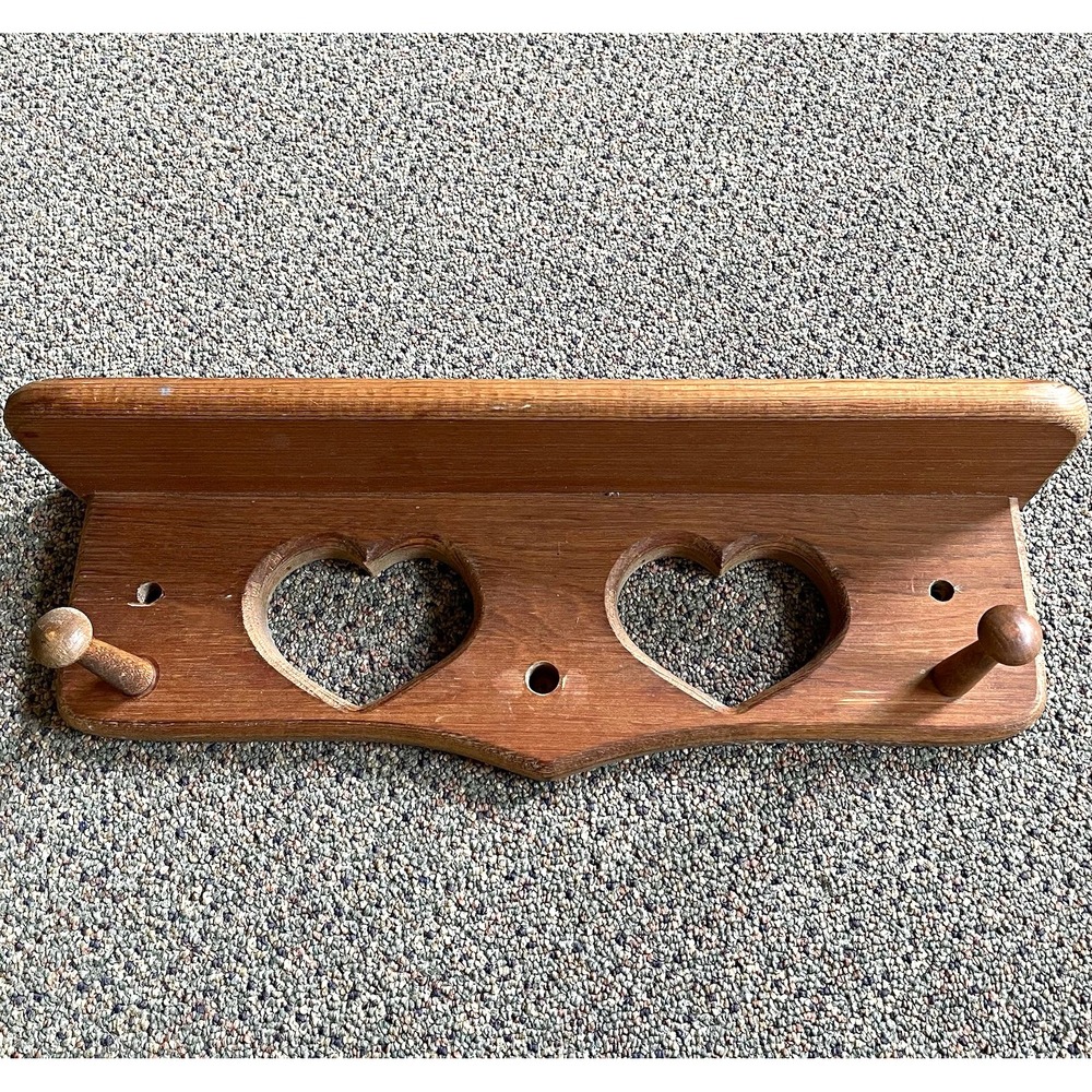 Vintage Wood Double Heart Pegged Wall Shelf 16.5"x4.5"x3.5" Cottagecore